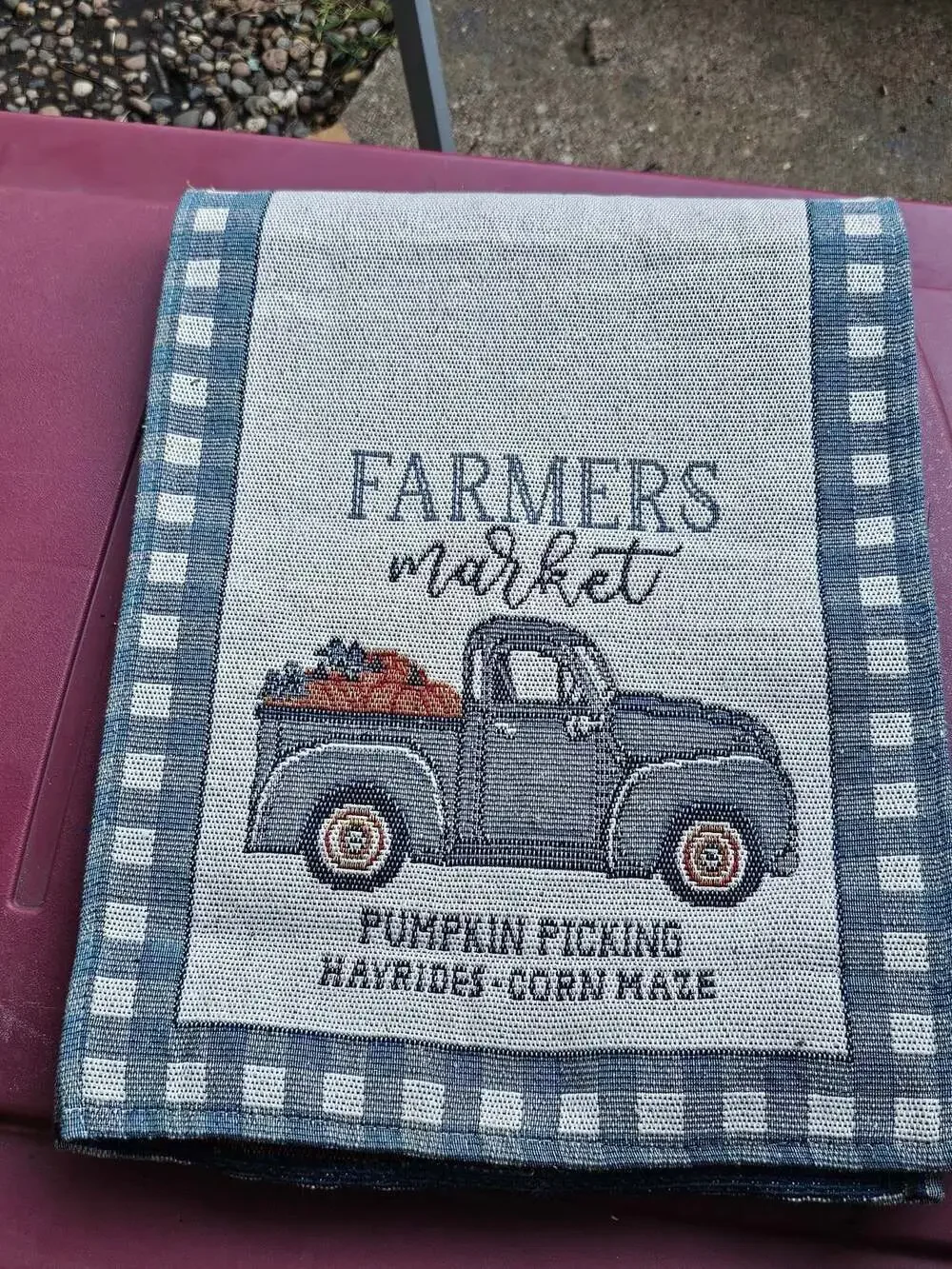 Farmers Market Fall Pumpkin Truck and Blue Check Border Table Runner